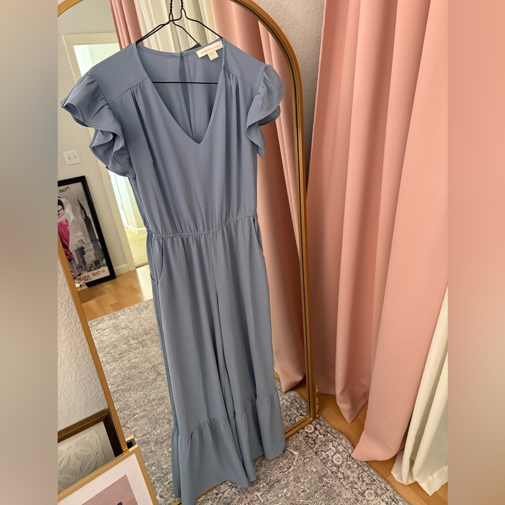 Women's Light Blue Wide-Leg Jumpsuit with Ruffle Hem